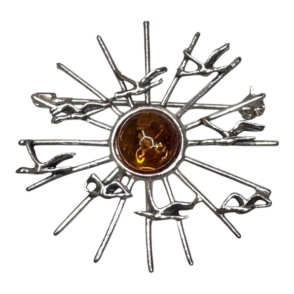 Mid Century Modern Sterling Silver & Amber Brooch Pin Sunburst Cranes Birds VTG - Picture 1 of 6